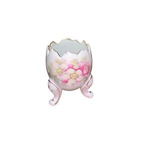 Vintage Inarco Porcelain Small Cracked Egg Three Footed Pink & Gold Floral Vase‎